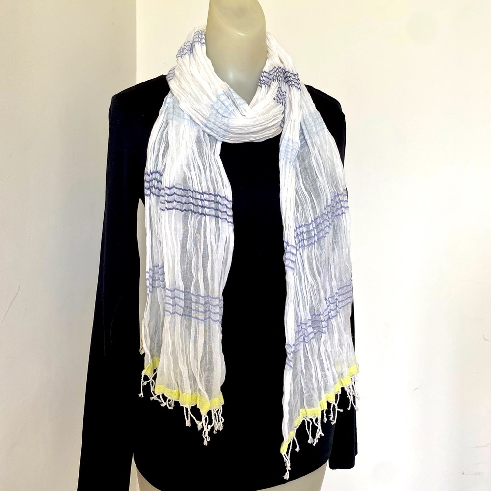 American Eagle Lightweight Blue/Yellow/White Striped Scarf with Tassels